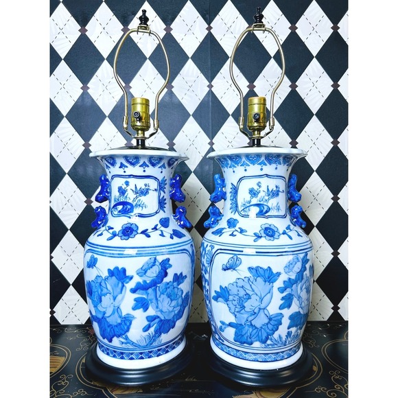 Vintage Other - Chinoiserie Blue White Porcelain Lamp Pair Foo Dog Handles 26in